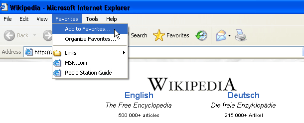 IE Favourites Menu Screen Capture